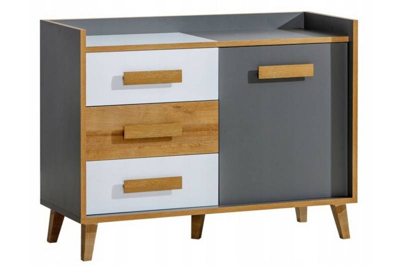 Deine Möbel 24 Kommode WILLY 6 Sideboard mit 3 Schubladen 120 cm breit (Set, 2 St., für Jugendzimmer Kinderzimmer Schlafzimmer Wohnzimmer), in Weiß Matt / Anthrazit / Eiche Scandi Still von Deine Möbel 24