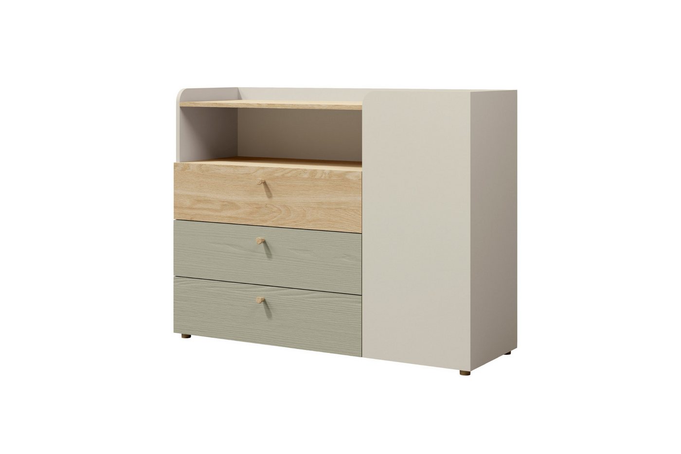 Deine Möbel 24 Kommode YOGI 09 Kinderkommode Sideboard 120 cm breit (Set, 3 St., inkl. 3 Schubladen), Kinderzimmer Jugendzimmer Graubeige Geölte Eiche Eukalyptus Koralle von Deine Möbel 24