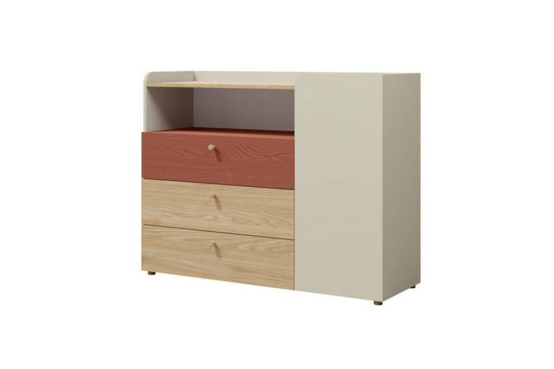 Deine Möbel 24 Kommode YOGI 09 Kinderkommode Sideboard 120 cm breit (Set, 3 St., inkl. 3 Schubladen), Kinderzimmer Jugendzimmer Graubeige Geölte Eiche Eukalyptus Koralle von Deine Möbel 24