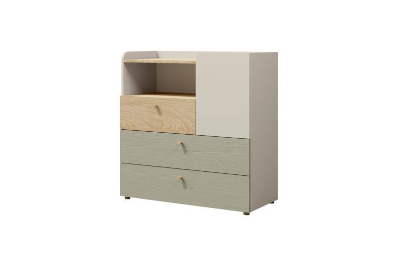 Deine Möbel 24 Kommode YOGI 10 Kinderkommode Sideboard 90 cm breit (Set, 3 St., inkl. 3 Schubladen), Kinderzimmer Jugendzimmer Graubeige Geölte Eiche Eukalyptus Koralle von Deine Möbel 24