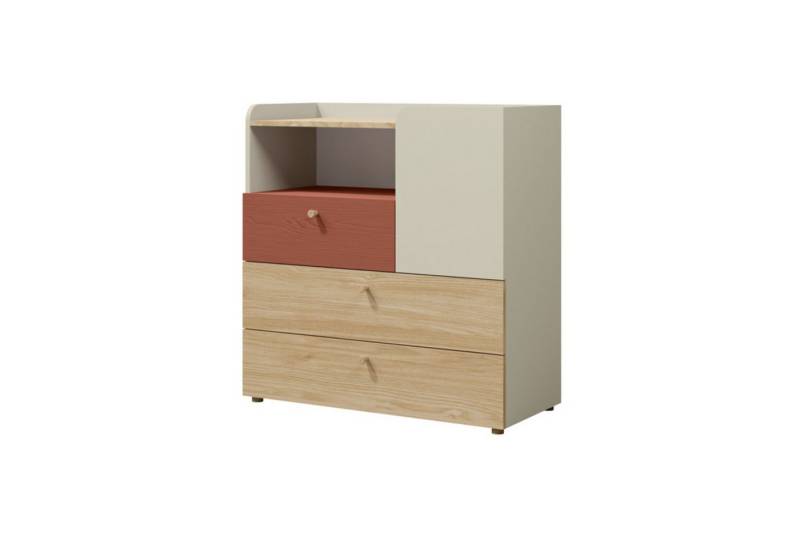 Deine Möbel 24 Kommode YOGI 10 Kinderkommode Sideboard 90 cm breit (Set, 3 St., inkl. 3 Schubladen), Kinderzimmer Jugendzimmer Graubeige Geölte Eiche Eukalyptus Koralle von Deine Möbel 24