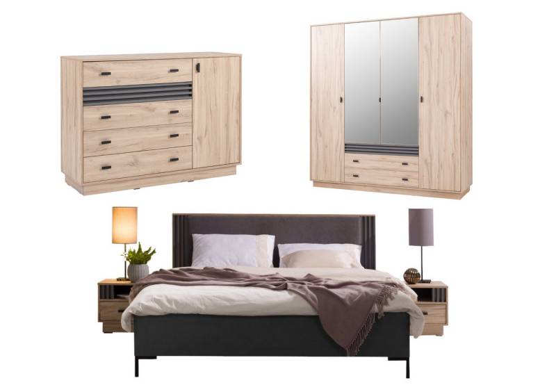 Deine Möbel 24 Komplettschlafzimmer ALL I Schlafzimmer-Set 19 + 20 + 17 + 16 Eiche Anthrazit Lamellen, (Set Matratze H4 optional, 5-tlg., Set), Kleiderschrank 2 Nachttische Kommode Doppelbett 160x200 von Deine Möbel 24