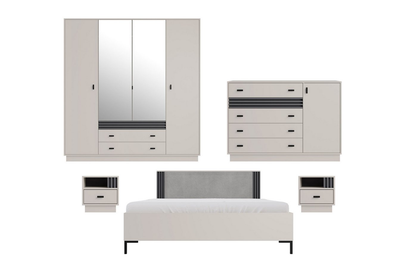 Deine Möbel 24 Komplettschlafzimmer ALL I Schlafzimmer-Set mit Lamellen, (Set Matratze H4 optional, 5-tlg., Set), Kleiderschrank 2 Nachttische Kommode Doppelbett 160x200 von Deine Möbel 24