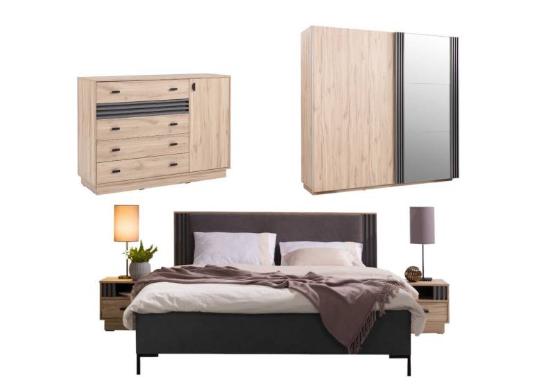 Deine Möbel 24 Komplettschlafzimmer ALL II Schlafzimmer-Set 19 + 20 + 17 + 16 Eiche Anthrazit Lamellen, (Set Matratze H4 optional, 5-tlg., Set), Schiebetürenschrank 2 Nachttische Kommode Doppelbett 160x200 von Deine Möbel 24