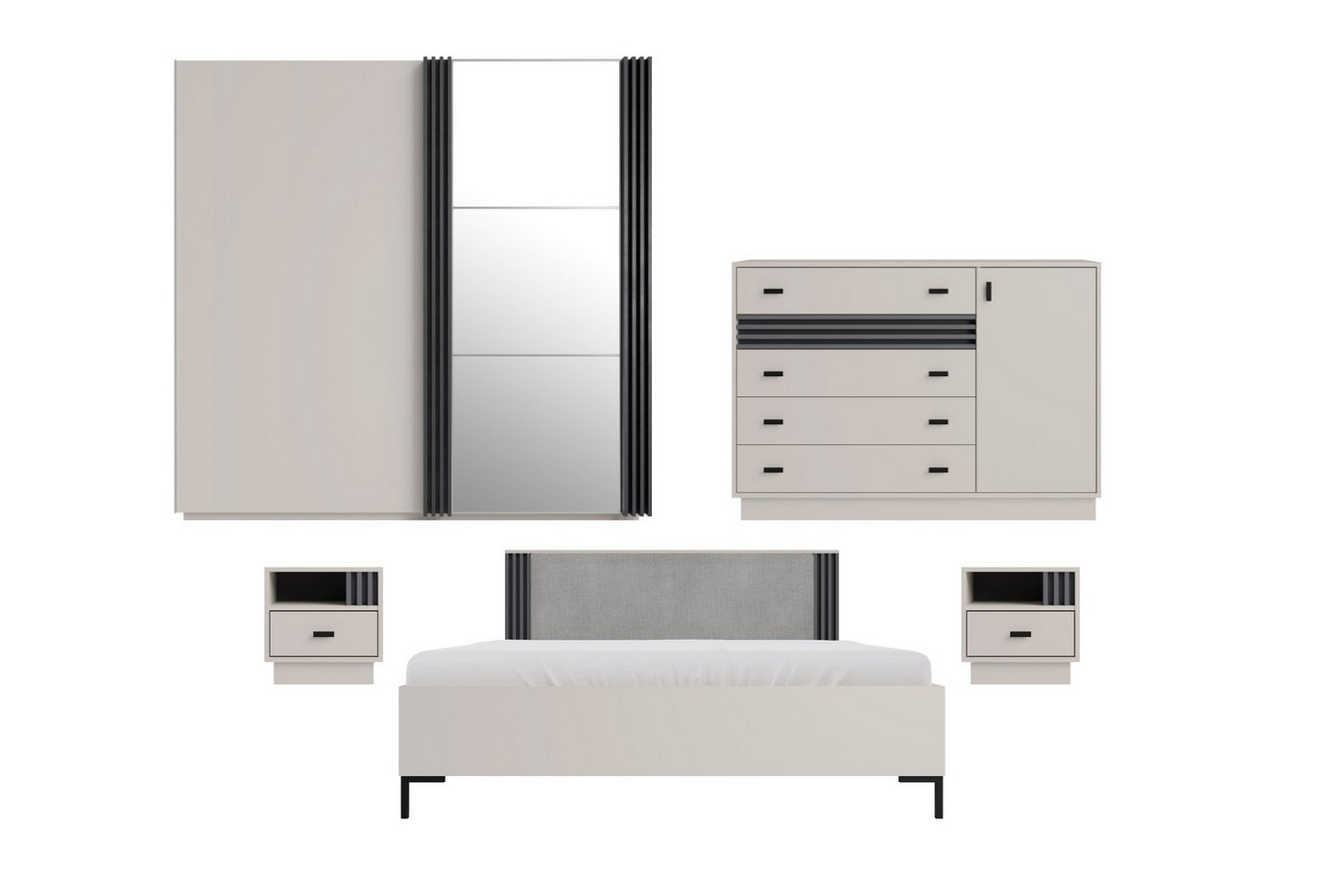 Deine Möbel 24 Komplettschlafzimmer ALL II Schlafzimmer-Set mit Lamellen, (Set Matratze H4 optional, 5-tlg., Set), Schiebetürenschrank 2 Nachttische Kommode Doppelbett 160x200 von Deine Möbel 24