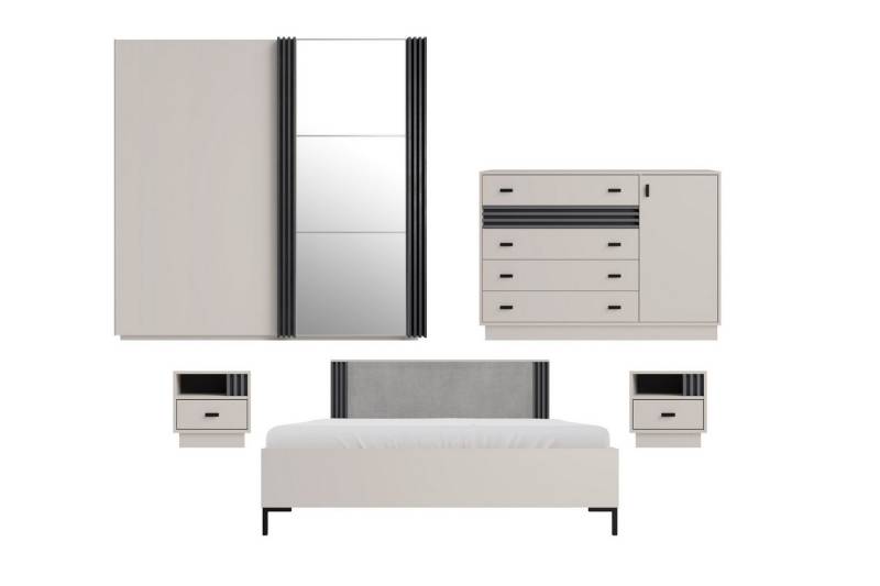 Deine Möbel 24 Komplettschlafzimmer ALL II Schlafzimmer-Set mit Lamellen, (Set Matratze H4 optional, 5-tlg., Set), Schiebetürenschrank 2 Nachttische Kommode Doppelbett 160x200 von Deine Möbel 24