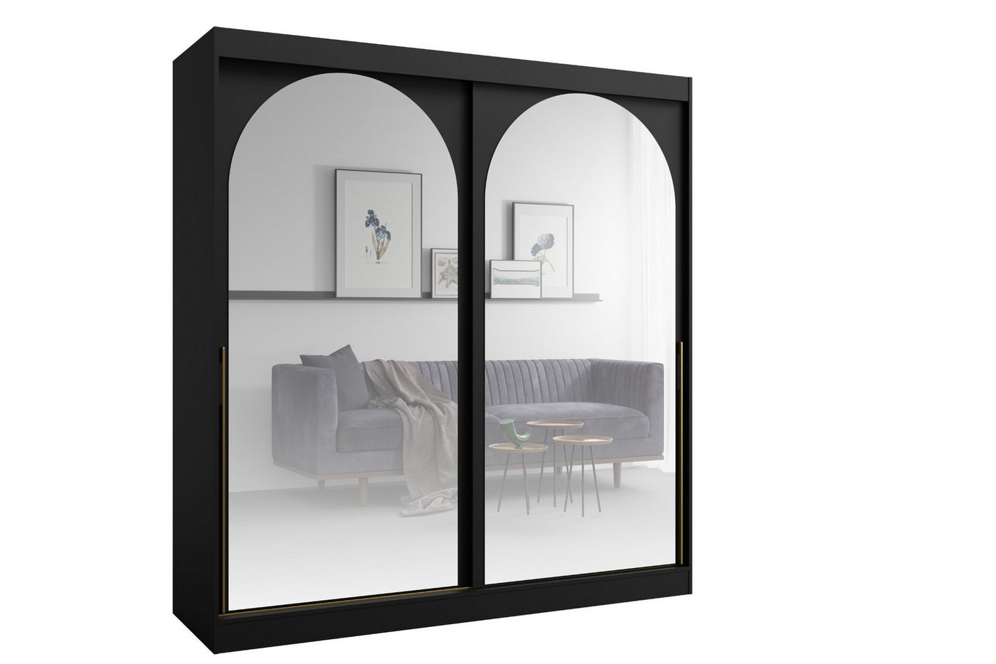 Deine Möbel 24 Schiebetürenschrank MOSSA 200 cm breit mit Spiegel (Stilvolle Griffe in Gold oder Schwarz für einen eleganten Look, 1-St., Schwebetürenschrank perfekt für Schlafzimmer, Flur, Garderobe) Kleiderschrank in Weiß, Schwarz Cashmere von Deine Möbel 24