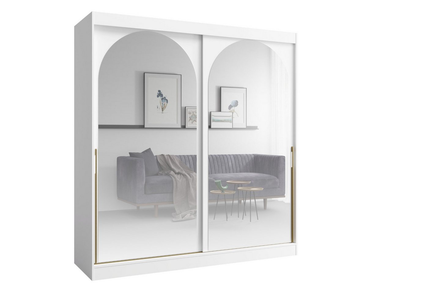 Deine Möbel 24 Schiebetürenschrank MOSSA 200 cm breit mit Spiegel (Stilvolle Griffe in Gold oder Schwarz für einen eleganten Look, 1-St., Schwebetürenschrank perfekt für Schlafzimmer, Flur, Garderobe) Kleiderschrank in Weiß, Schwarz Cashmere von Deine Möbel 24