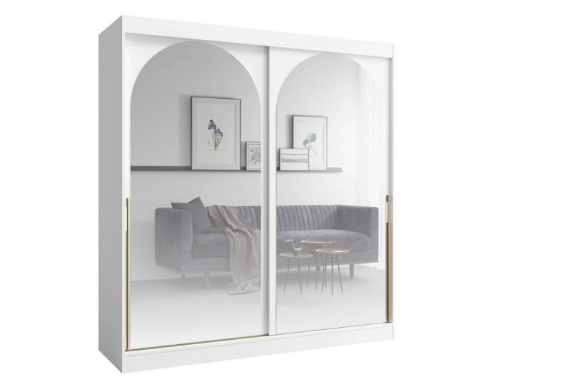 Deine Möbel 24 Schiebetürenschrank MOSSA 200 cm breit mit Spiegel (Stilvolle Griffe in Gold oder Schwarz für einen eleganten Look, 1-St., Schwebetürenschrank perfekt für Schlafzimmer, Flur, Garderobe) Kleiderschrank in Weiß, Schwarz Cashmere von Deine Möbel 24