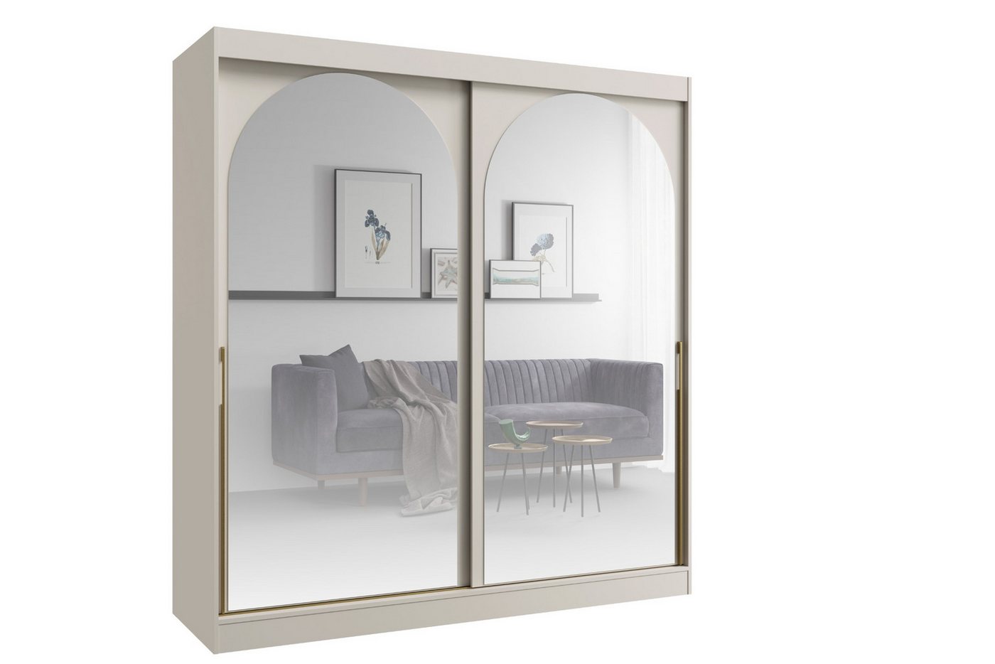 Deine Möbel 24 Schiebetürenschrank MOSSA 200 cm breit mit Spiegel (Stilvolle Griffe in Gold oder Schwarz für einen eleganten Look, 1-St., Schwebetürenschrank perfekt für Schlafzimmer, Flur, Garderobe) Kleiderschrank in Weiß, Schwarz Cashmere von Deine Möbel 24