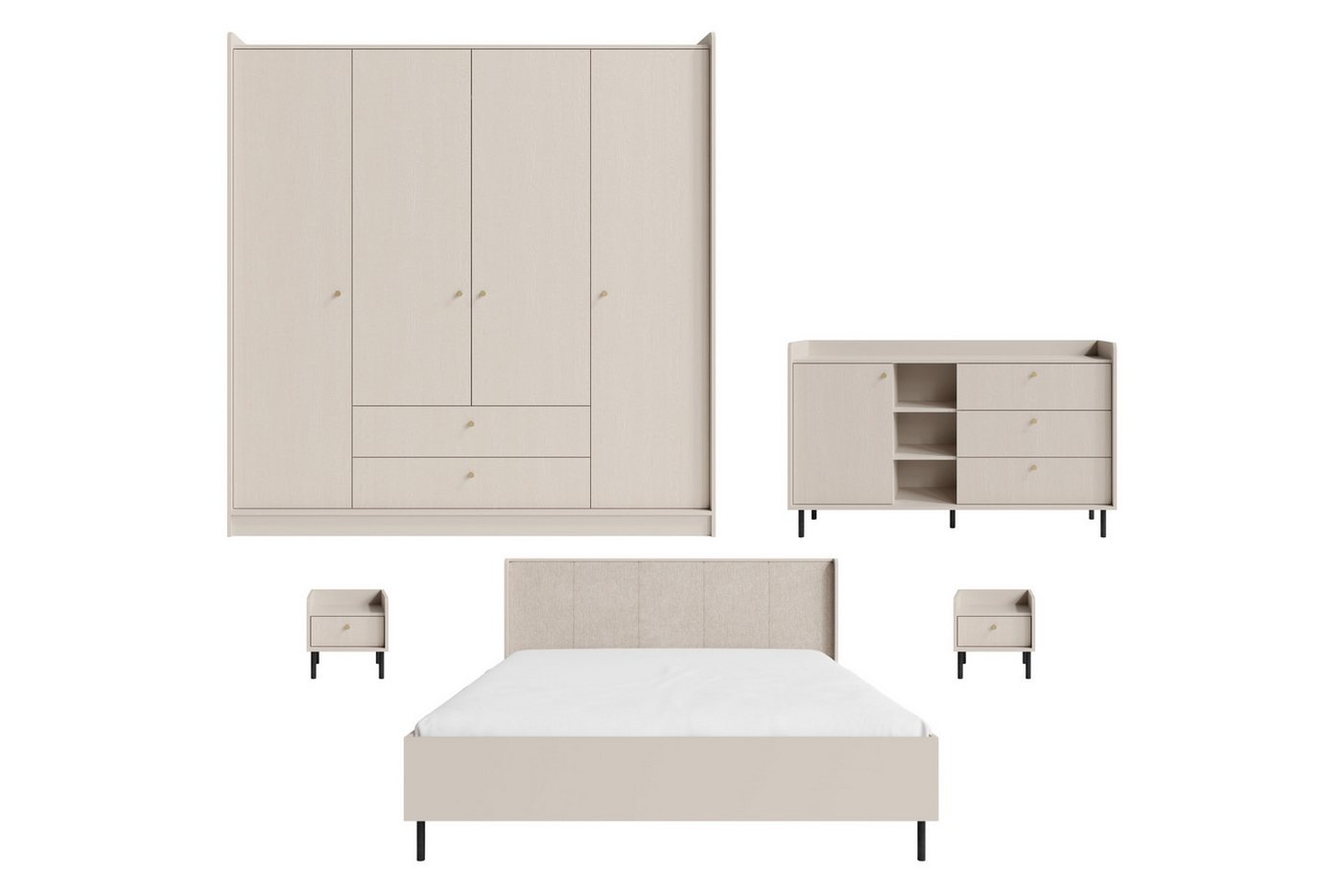 Deine Möbel 24 Schlafzimmer-Set GEORGIA B 5-teilig in Sandbeige, (Set, 5-tlg., Kleiderschrank, Kommode, Bett, 2x Nachttisch), Bett mit Bettkasten, großer Schrank, Kommode, 2 Nachttische von Deine Möbel 24