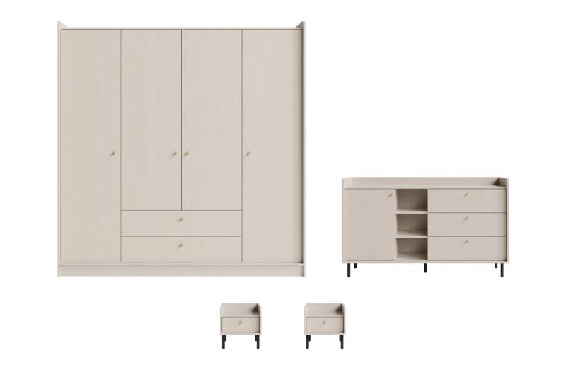Deine Möbel 24 Schlafzimmer-Set GEORGIA C 4-teilig in Sandbeige, (Set, 4-tlg., Kleiderschrank, Kommode, 2x Nachttisch), Großer Schrank, Kommode, 2 Nachttische von Deine Möbel 24