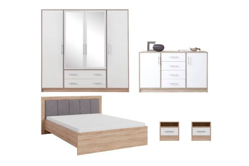 Deine Möbel 24 Schlafzimmer-Set SAM A Schlafzimmer, (Schrank SRL1 Kommode SRK1 Bett SR6 Nachttisch SR7, 5-tlg., Eiche Artisan Weiß Matt Sonoma Anthrazit Cashmere), inkl. Kleiderschrank 4-türig Kommode 2x Nachttisch Doppelbett 160x200 von Deine Möbel 24