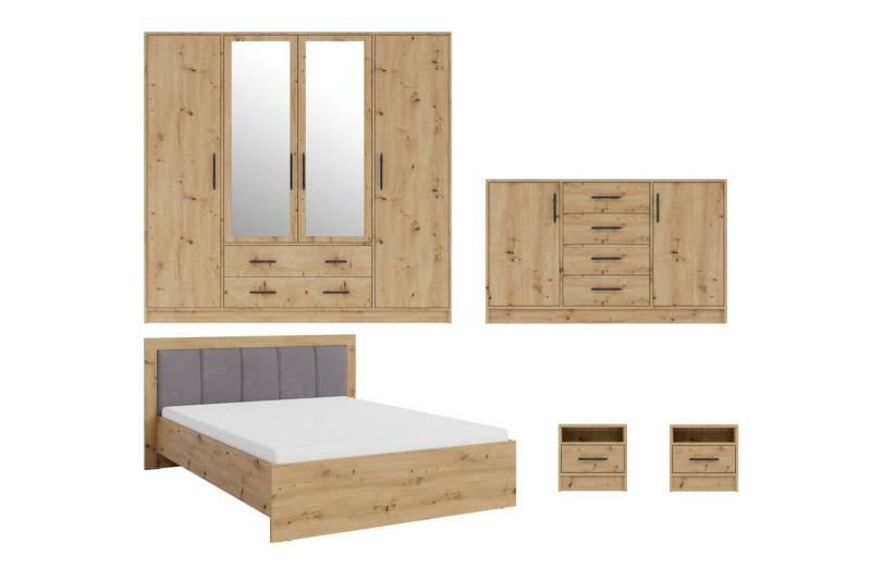 Deine Möbel 24 Schlafzimmer-Set SAM A Schlafzimmer, (Schrank SRL1 Kommode SRK1 Bett SR6 Nachttisch SR7, 5-tlg., Eiche Artisan Weiß Matt Sonoma Anthrazit Cashmere), inkl. Kleiderschrank 4-türig Kommode 2x Nachttisch Doppelbett 160x200 von Deine Möbel 24