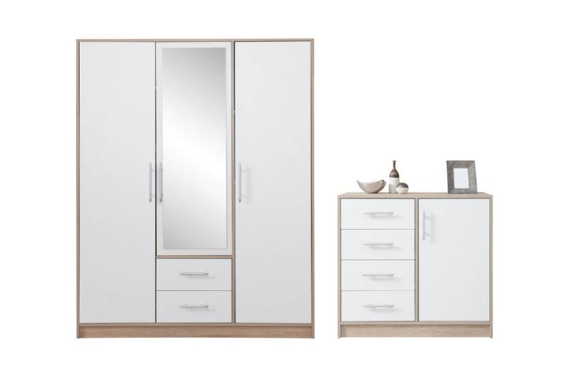 Deine Möbel 24 Schlafzimmer-Set SAM C Flur Schlafzimmer, (Set, 2-tlg., Eiche Artisan Weiß Matt Sonoma Anthrazit Cashmere), inkl. Kleiderschrank SRL2 3-türig 150 cm mit Spiegel Kommode SRK2 von Deine Möbel 24