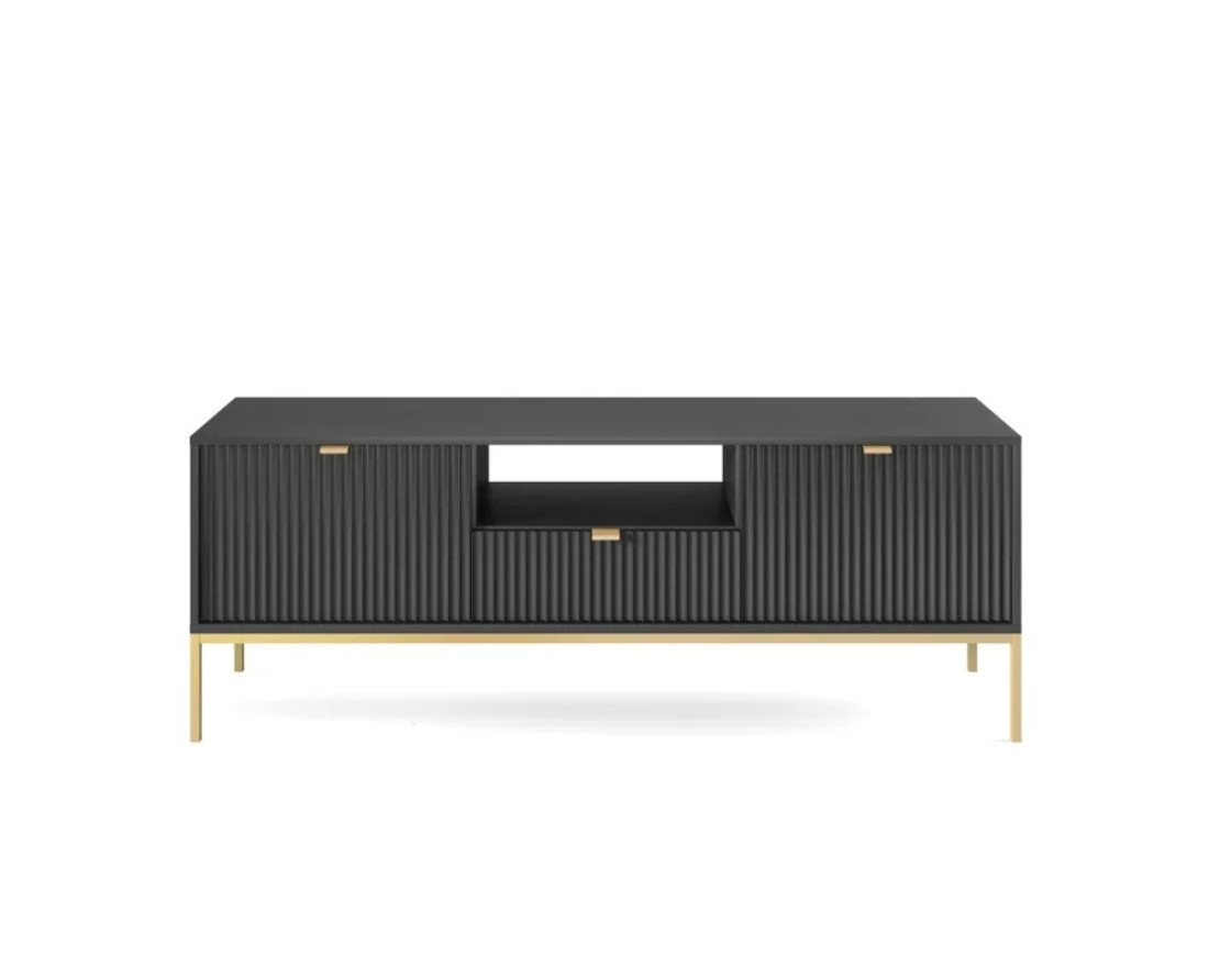 Deine Möbel 24 TV-Board NOVO RTV154 RTV-Schrank Fehrnseher Tisch Weiß Grau Schwarz (Set, 3 St., Wohnzimmer Goldene Griffe Weiß Grau Schwarz Gold), geriffelte Fronten 154 cm breit inkl. Schublade Regale Schränkchen von Deine Möbel 24