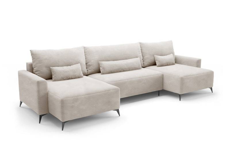 Deine Möbel 24 Wohnlandschaft LOCA U-Form 382 cm breit Ecksofa Sofa Wohnzimmer L-Couch Cord Samt, Beige Creme Grau Hellgrau Anthrazit Schwarz 5 Teile, mit Schlaffunktion Bettfunktion Bettkasten von Deine Möbel 24
