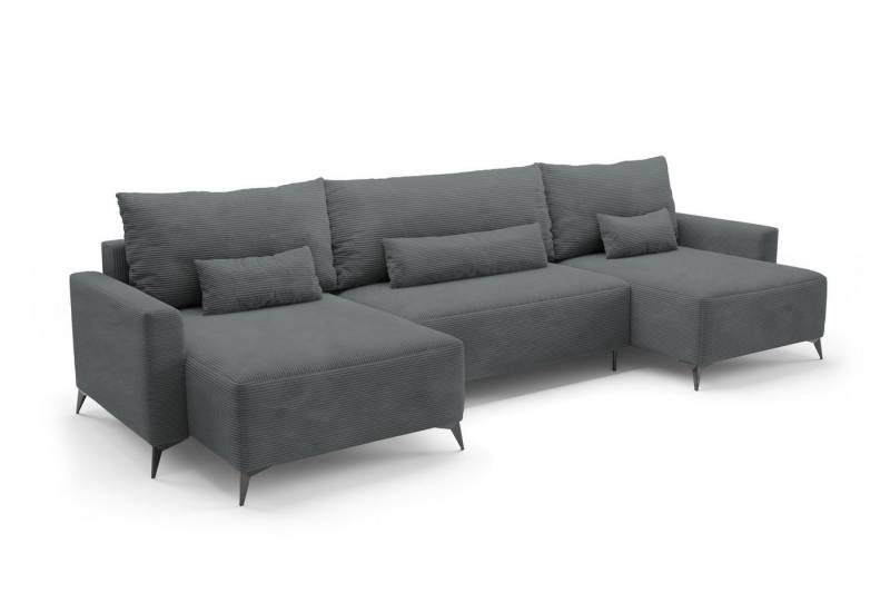 Deine Möbel 24 Wohnlandschaft LOCA U-Form 382 cm breit Ecksofa Sofa Wohnzimmer L-Couch Cord Samt, Beige Creme Grau Hellgrau Anthrazit Schwarz 5 Teile, mit Schlaffunktion Bettfunktion Bettkasten von Deine Möbel 24