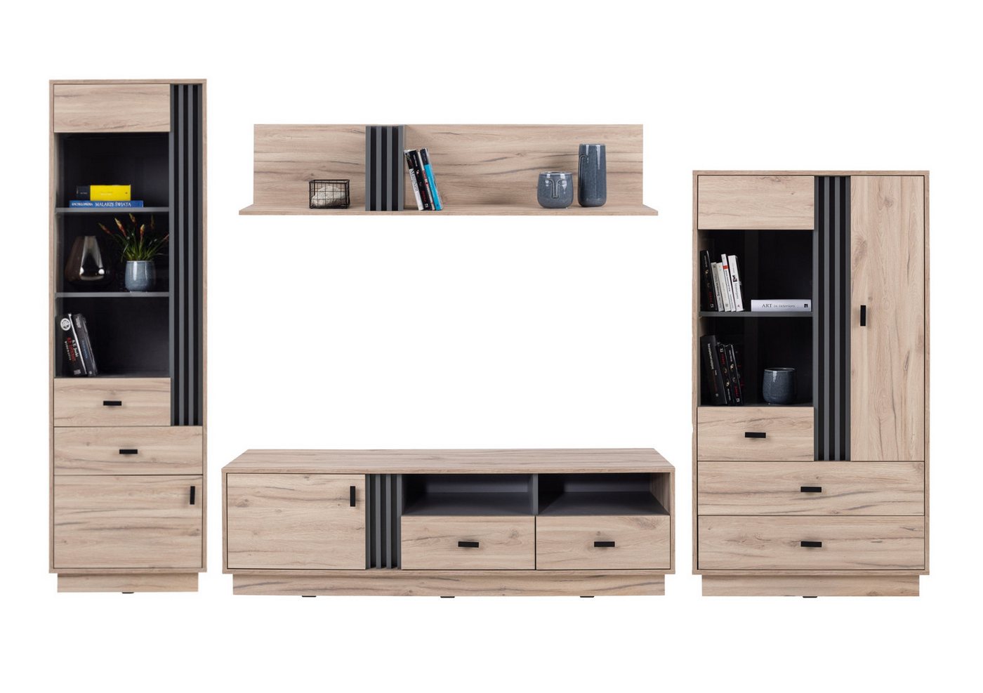 Deine Möbel 24 Wohnwand ALL III Wohnzimmer Anbauwand Eiche Anthrazit Lamellen 4+3+6+13, (Eiche Anthrazit Natur Set, 4-St., Eiche Anthrazit Natur), Wohnzimmer Set TV-Board Regal Vitrine Hängeregal von Deine Möbel 24