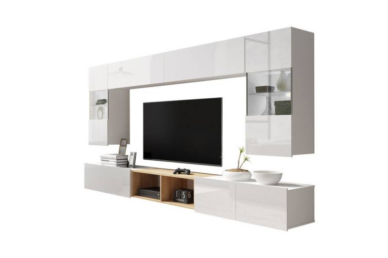 Deine Möbel 24 Wohnwand FLEXY B 7-teilig in Weiß / Eiche Gold, (Set, 7-St., 2x Wandregal, 2x Hänge-Vitrine, 2x RTV-Schrank, 1x offene Wandablage), LED-Vitrinen mit weißer oder blauer Beleuchtung zur Auswahl von Deine Möbel 24