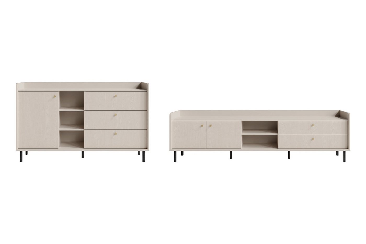 Deine Möbel 24 Wohnzimmer-Set GEORGIA A Wohnzimmer Wohnwand TV-Lowboard Kommode Sideboard (7+5), (Set, 2-St., Scandi Modern Klassik), GEORGIA-Kollektion Beige Sandbeige von Deine Möbel 24