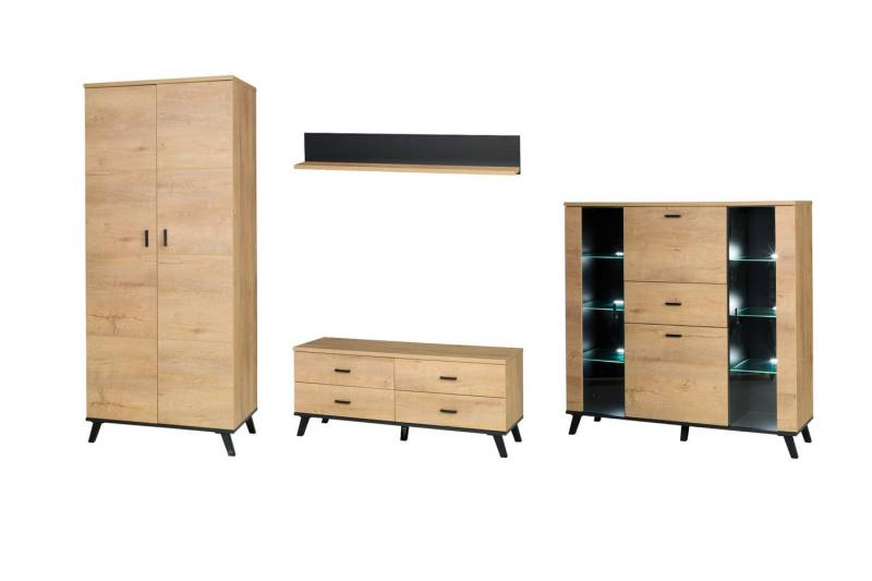 Deine Möbel 24 Wohnzimmer-Set LIAM A Wohnwand Set Eiche Lefkas Schwarz, Wohnzimmermöbel modern, (Set (1+3+7+10+8 optional), 4-St., LIAM-Kollektion, Skandinavisches Design), mit Kleiderschrank, TV-Lowboard, Vitrine, Regal & Couchtisch von Deine Möbel 24
