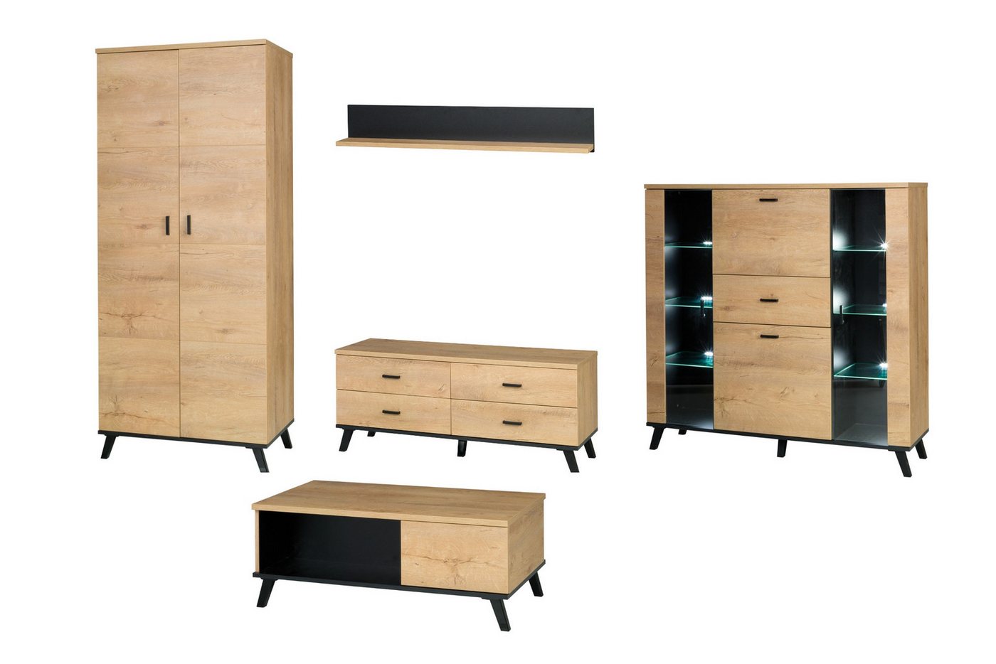Deine Möbel 24 Wohnzimmer-Set LIAM A Wohnwand Set Eiche Lefkas Schwarz, Wohnzimmermöbel modern, (Set (1+3+7+10+8 optional), 5-St., LIAM-Kollektion, Skandinavisches Design), mit Kleiderschrank, TV-Lowboard, Vitrine, Regal & Couchtisch von Deine Möbel 24