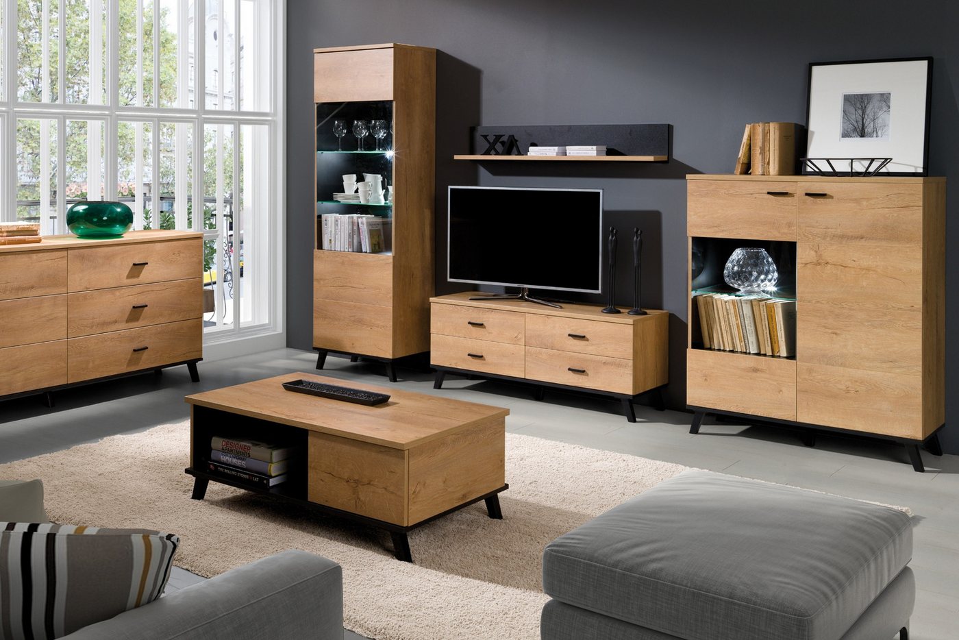 Deine Möbel 24 Wohnzimmer-Set LIAM B Wohnwand Set Eiche Lefkas Schwarz, Wohnzimmermöbel modern, (LIAM Kollektion, 6-St., Vitrine, Kommoden, TV-Lowboard & Wandregal (2+7+10+5+4+8 optional), Vitrine, Kommoden, TV-Lowboard & Wandregal – Skandinavisches Design von Deine Möbel 24