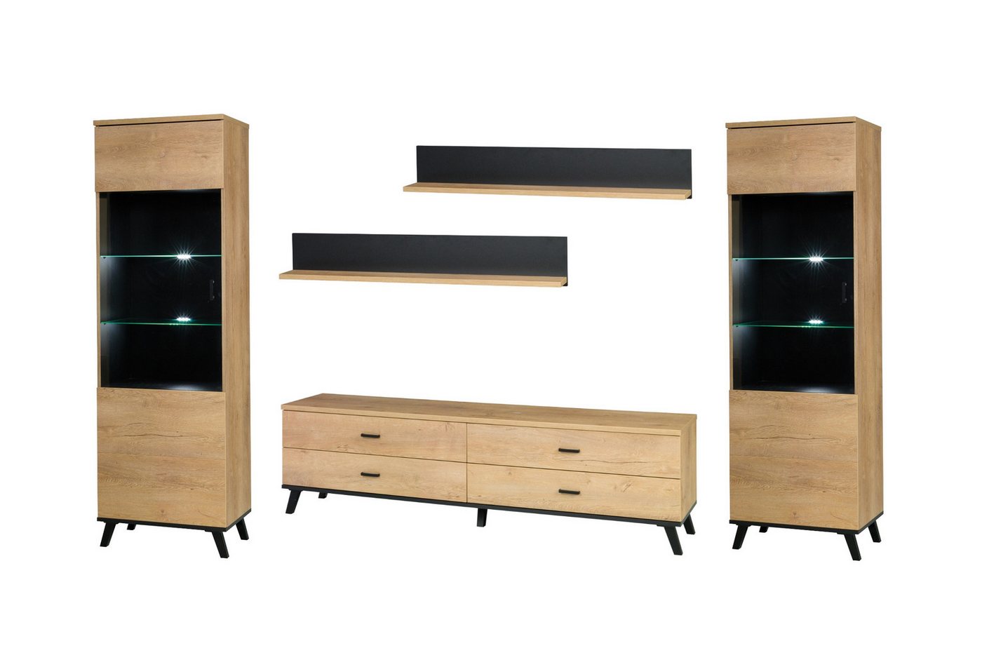 Deine Möbel 24 Wohnzimmer-Set LIAM C Wohnwand Set Eiche Lefkas Schwarz – Wohnzimmermöbel modern, (Set 2x 2 + 6 + 2x10, 5-St., viel Stauraum, dezente Optik und hochwertige Verarbeitung), inkl. 2 Vitrinen, TV-Lowboard & Wandregalen – Skandinavisches Design von Deine Möbel 24
