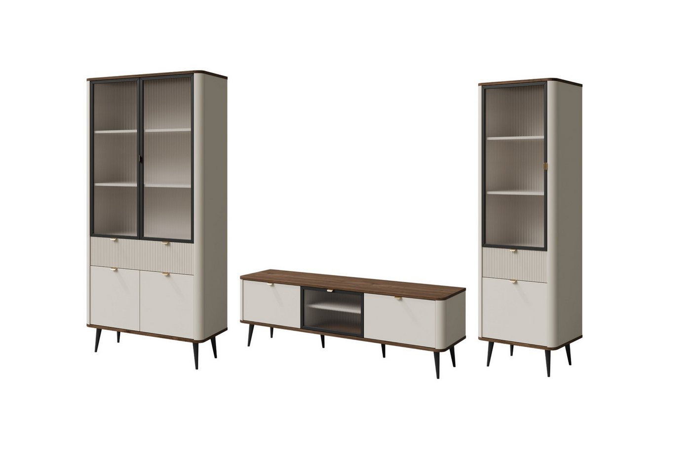 Deine Möbel 24 Wohnzimmer-Set MILY A mit zwei Vitrinen und einem TV-Schrank, (Komplett-Set, 3-St., zwei Vitrinen und einem TV-Schrank), Zwei Vitrinen und ein TV-Schrank, geriffelte Fronten, hohe Metallfüße von Deine Möbel 24