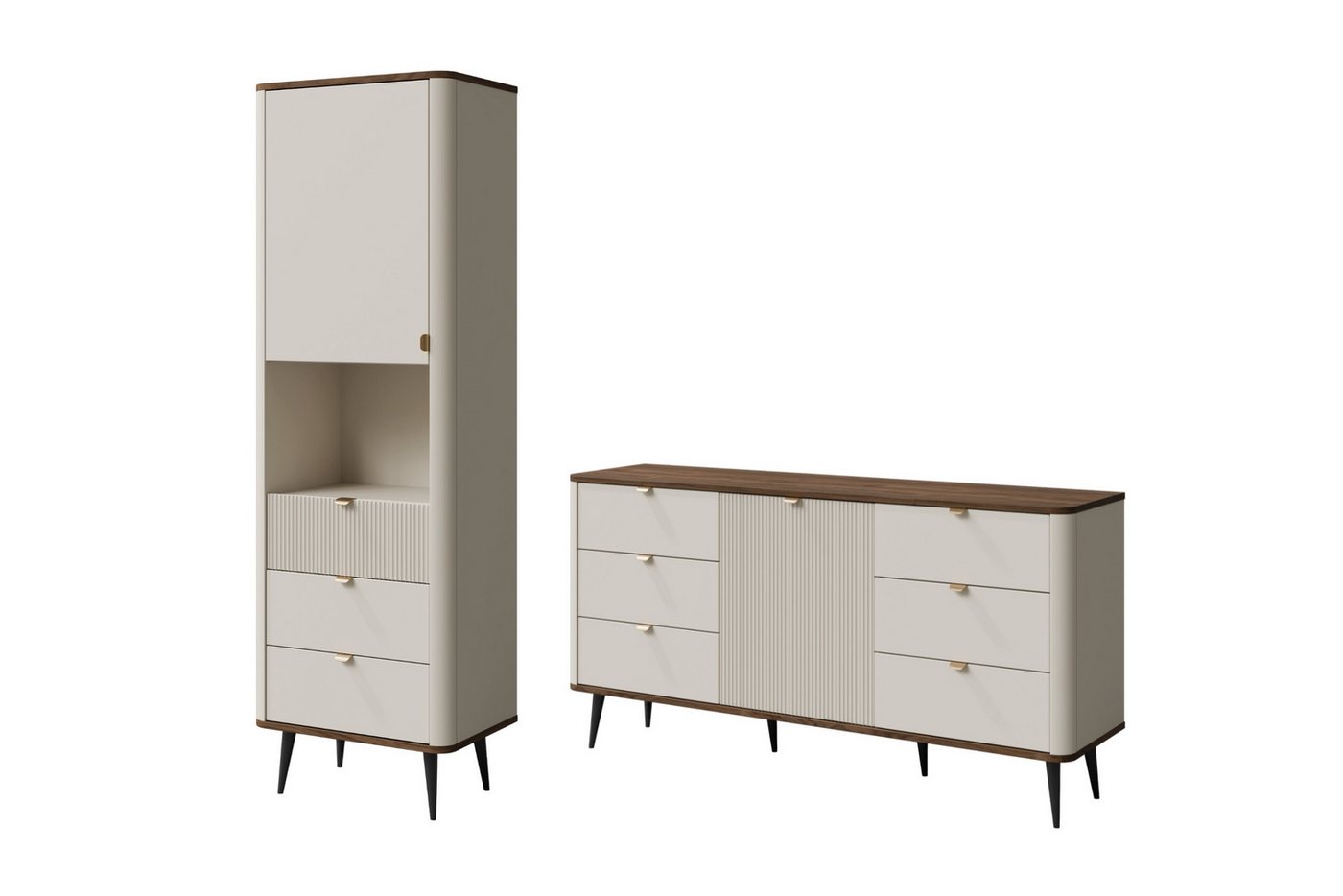 Deine Möbel 24 Wohnzimmer-Set MILY B mit Kommode und Regal, (Komplett-Set, 2-St., Regal und Kommode), geriffelte Fronten, hohe Metallfüße von Deine Möbel 24