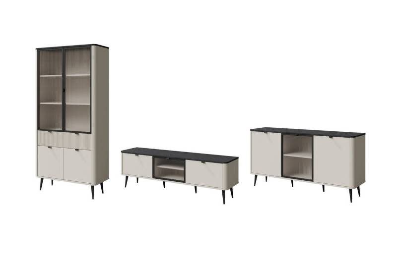 Deine Möbel 24 Wohnzimmer-Set MILY D mit Vitrine, TV-Element, Kommode und optional Couchtisch, (Set, 4-St), geriffelte Fronten, moderne Farben, hohe Metallfüße von Deine Möbel 24