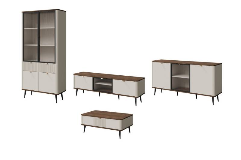 Deine Möbel 24 Wohnzimmer-Set MILY D mit Vitrine, TV-Element, Kommode und optional Couchtisch, (Set, 4-St), geriffelte Fronten, moderne Farben, hohe Metallfüße von Deine Möbel 24