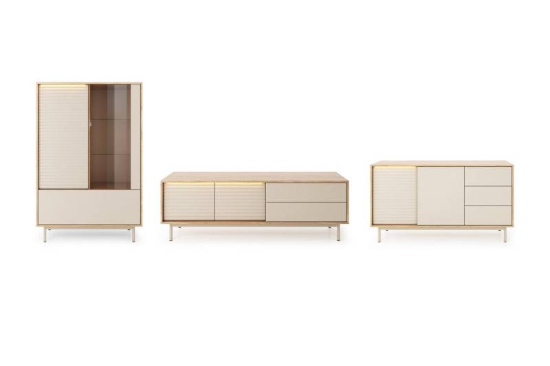 Deine Möbel 24 Wohnzimmer-Set TOGY A 3/4 - tlg. in Kaschmir / geölte Eiche, (Wohnzimmer-Set, 3-St., 3-teilig / 4-teilig), vertikal geriffelte Fronten, warme Farbkombination, LED-Beleuchtung von Deine Möbel 24