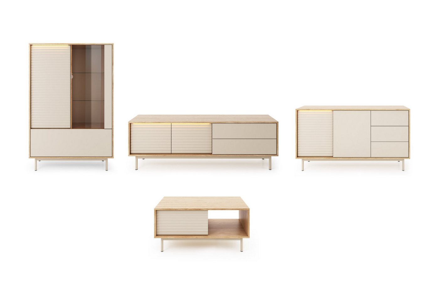 Deine Möbel 24 Wohnzimmer-Set TOGY A 3/4 - tlg. in Kaschmir / geölte Eiche, (Wohnzimmer-Set, 4-St., 3-teilig / 4-teilig), vertikal geriffelte Fronten, warme Farbkombination, LED-Beleuchtung von Deine Möbel 24