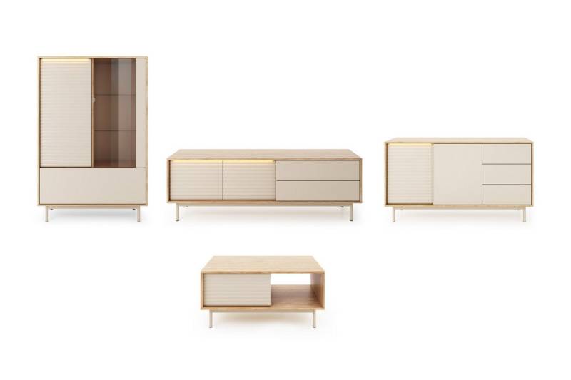 Deine Möbel 24 Wohnzimmer-Set TOGY A 3/4 - tlg. in Kaschmir / geölte Eiche, (Wohnzimmer-Set, 4-St., 3-teilig / 4-teilig), vertikal geriffelte Fronten, warme Farbkombination, LED-Beleuchtung von Deine Möbel 24