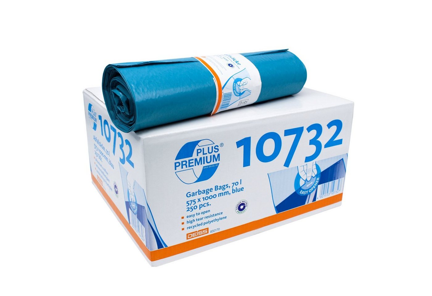Deiss Fangsack DEISS Premium Plus® 70 Liter Müllsack blau 10732, Inhalt: 70 Liter 100 % klimaneutral extrem hohe Durchstoß- und von Deiss
