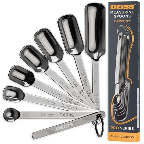 Deiss PRO Heavy Duty Edelstahl Messlöffel für Kochen, Gewürze, trockene oder flüssige Zutaten, passt in Gewürzglas - Einstellbare Messlöffel Set von 7 Mess mit Leveler - Messlöffel-Set Edelstahl von Deiss