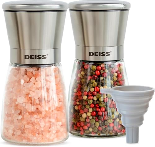 Deiss PRO Pfeffer- und Salzmühle mit Trichter gebürsteter Edelstahl mit einstellbarem Keramikrotor - Kompaktes und elegantes Design, ideal für Kümmel, Meersalz, Himalaya-Salz, Pfeffer von Deiss