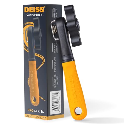 Deiss Pro Hochleistungs Dosenöffner manuell mit glatter Kante, handgeführter Dosenöffner mit Soft-Touch-Griff, rostfreier Sicherheits-Dosenöffner in Übergröße mit einfachem Drehknopf (ORANGE) von Deiss