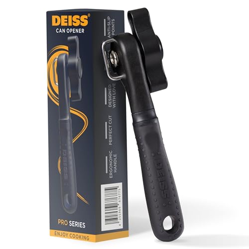 Deiss Pro Hochleistungs Dosenöffner manuell mit glatter Kante, handgeführter Dosenöffner mit Soft-Touch-Griff, rostfreier Sicherheits-Dosenöffner in Übergröße mit einfachem Drehknopf (SCHWARZ) von Deiss