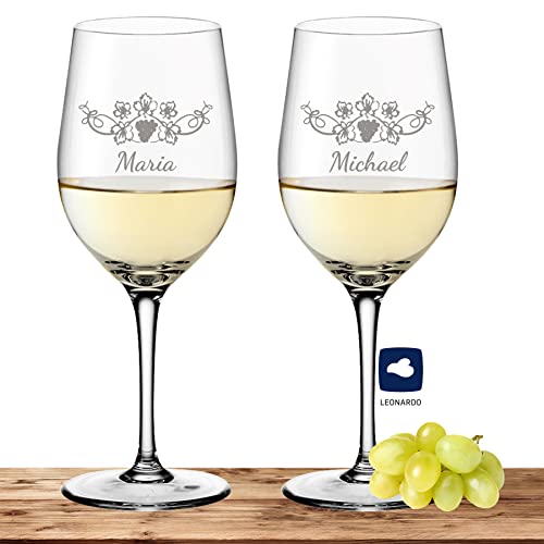 Deitert Leonardo Weißweinglas-Set mit Namen oder Wunschtext graviert, 2er-Set, 300ml, Ciao+, personalisiertes Premium Weinglas in Gastroqualität, (Weinrebe) von Deitert