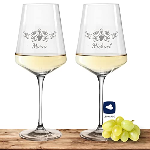 2X Leonardo Weißweinglas mit Namen oder Wunschtext graviert - PUCCINI - große 560ml Gläser - personalisierte Weingläser im Set als Geschenkidee für Paare, Eltern oder Hochzeit Motiv (Weinrebe) von Deitert