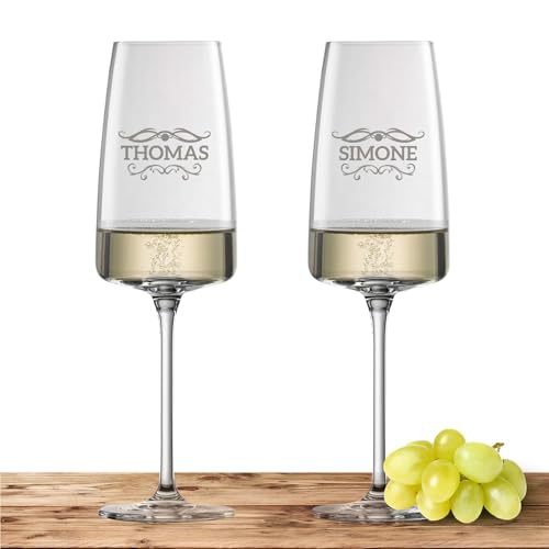 2X Schott Zwiesel Sektglas 388ml mit Namen oder Wunschtext graviert - Vivid Senses - Sektgläser als personalisiertes Geschenk für Paare, Eltern oder zur Hochzeit - Motiv (Barock 01) von Deitert