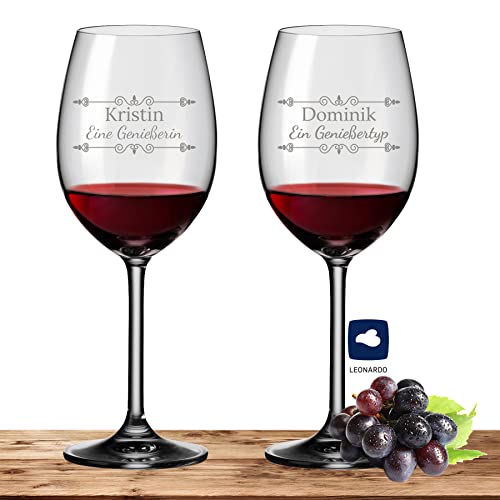 2x Leonardo Rotweinglas mit Namen oder Wunschtext graviert, 460ml, DAILY, personalisiertes Premium Rotweinglas in Gastroqualität (Verzierung 01) von Deitert