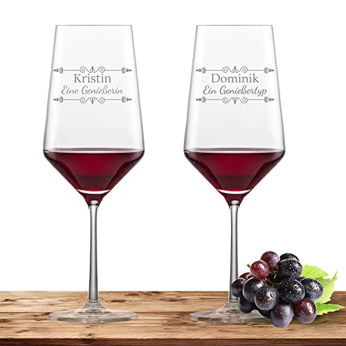 2x Rotweinglas mit Namen oder Wunschtext graviert - Schott Zwiesel Glas Bordeaux PURE - Weinglas personalisiertes Geschenk (Verzierung 01) von Deitert