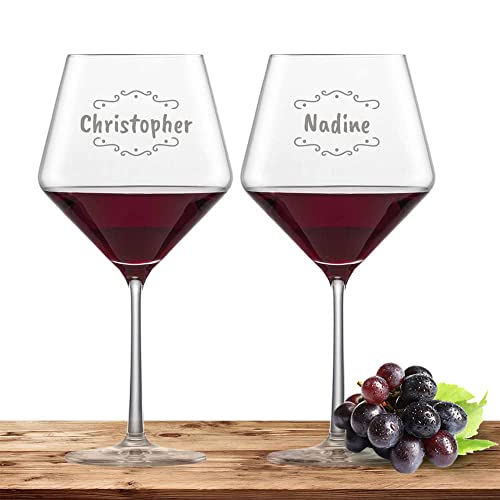 2x Rotweinglas mit Namen oder Wunschtext graviert - Schott Zwiesel Glas Burgunderglas PURE - Weinglas personalisiertes Geschenk (Verzierung 02) von Deitert