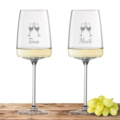 2x Schott Zwiesel Weißweinglas 363ml mit Namen oder Wunschtext graviert - Vivid Senses - Weingläser als personalisiertes Geschenk für Paare, Eltern oder zur Hochzeit - Motiv (ChinChin) von Deitert