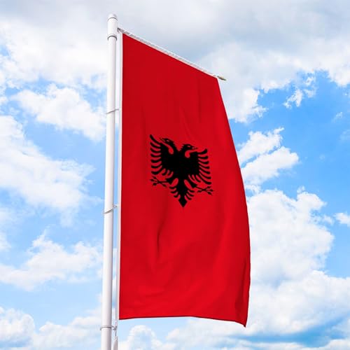Albanien Flagge 150 x 400 cm - für Fahnenmast, Albanienfahne aus reißfestem Fahnen-Polyester-Stoff, Hissfahne Hochformat für Querausleger wetterfest und UV-beständig von Deitert