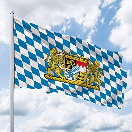 Bayern Flagge – 250 x 150 cm für Fahnenmast, Bayern Fahne mit Löwen-Wappen & Raute, Hissflagge aus reißfestem Fahnen-Polyester-Stoff, wetterfest und UV-beständig von Deitert
